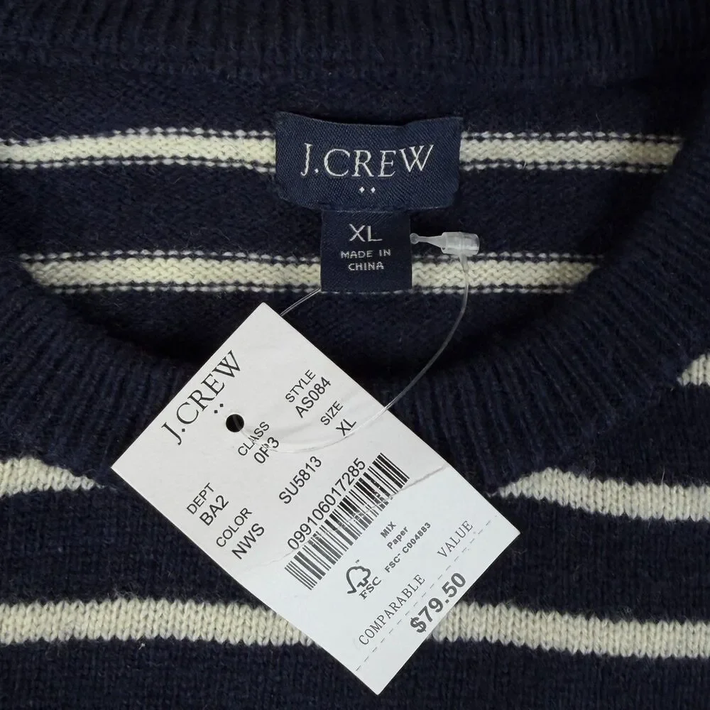 J CREW Sweater Men XL Navy Cream Striped Lambswool Blend Crew Neck Knit Pullover